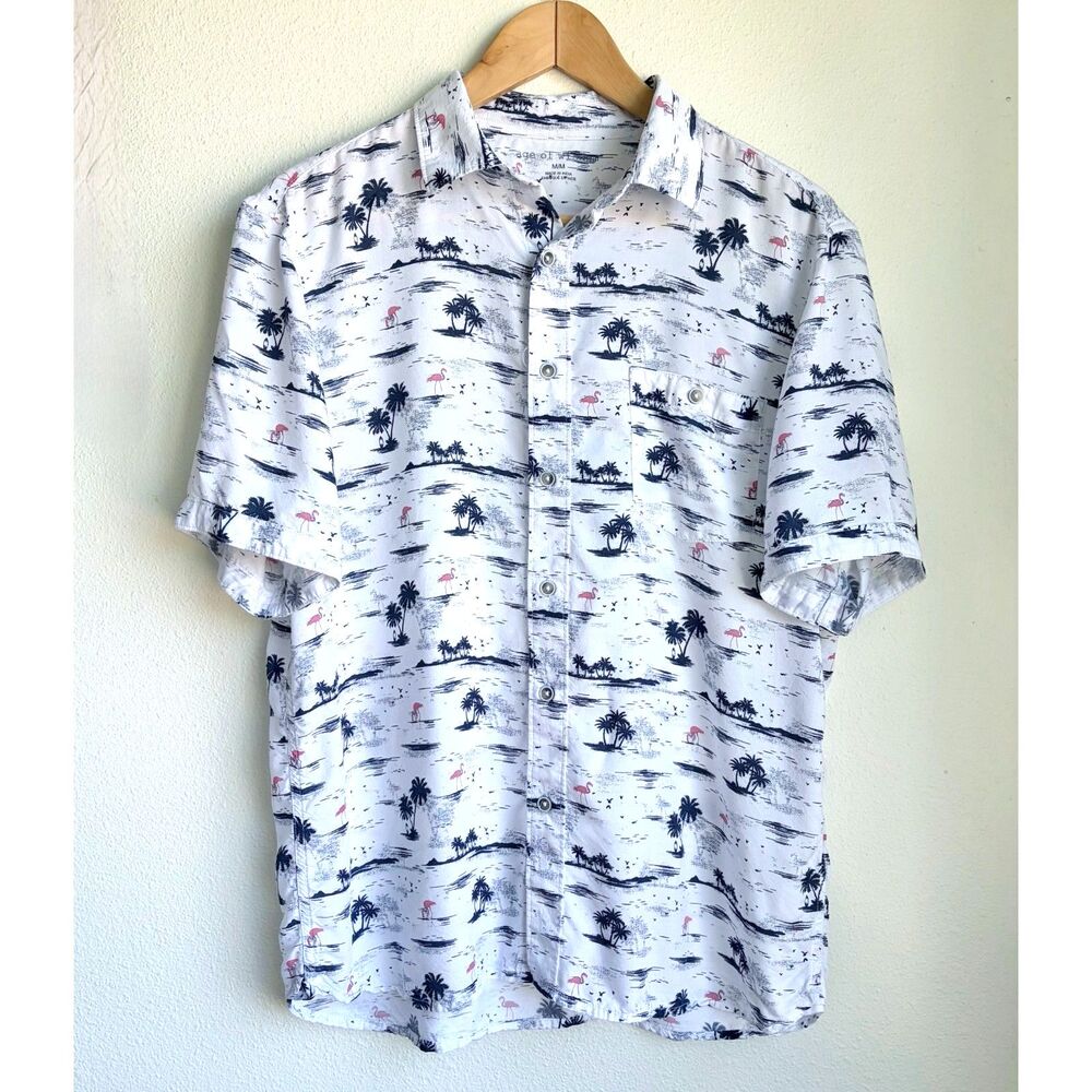 AGE OF WISDOM Palm Tree Coastal Short Sleeve Button Down Shirt Mens Medium